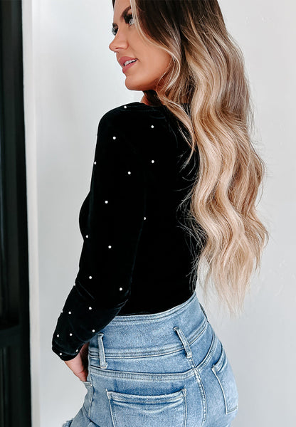 Pearl Detail Velvet V-Neck Long Sleeve Bodysuit