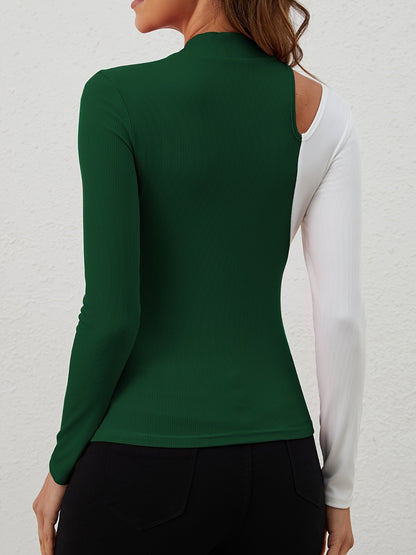 Cutout Contrast Mock Neck Long Sleeve T-Shirt