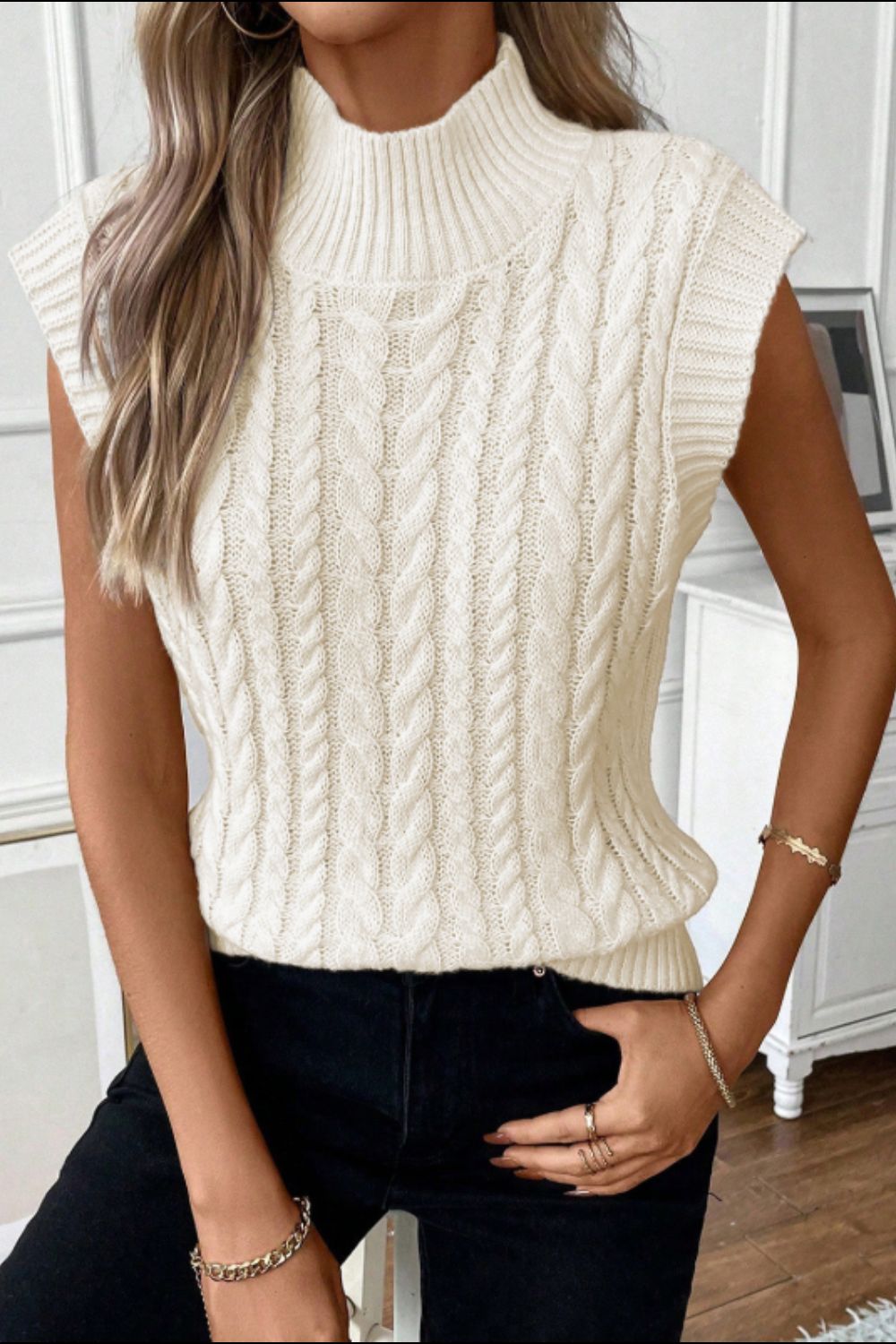 Cable Knit Turtleneck Sweater Vest