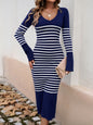 Devine Striped V-Neck Long Sleeve Sweater Dress