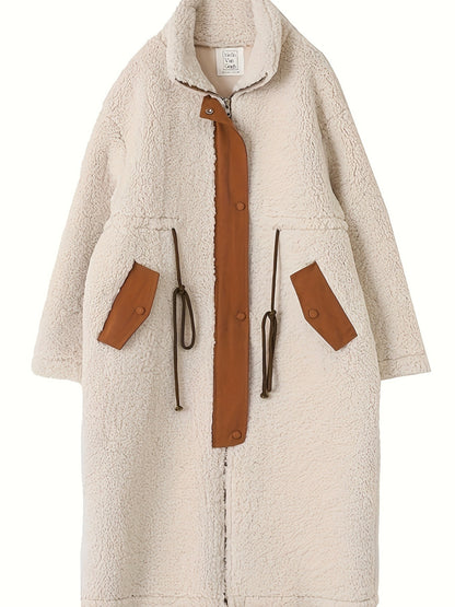 Plus Size Drawstring Zip Up Turtleneck Sherpa Coat