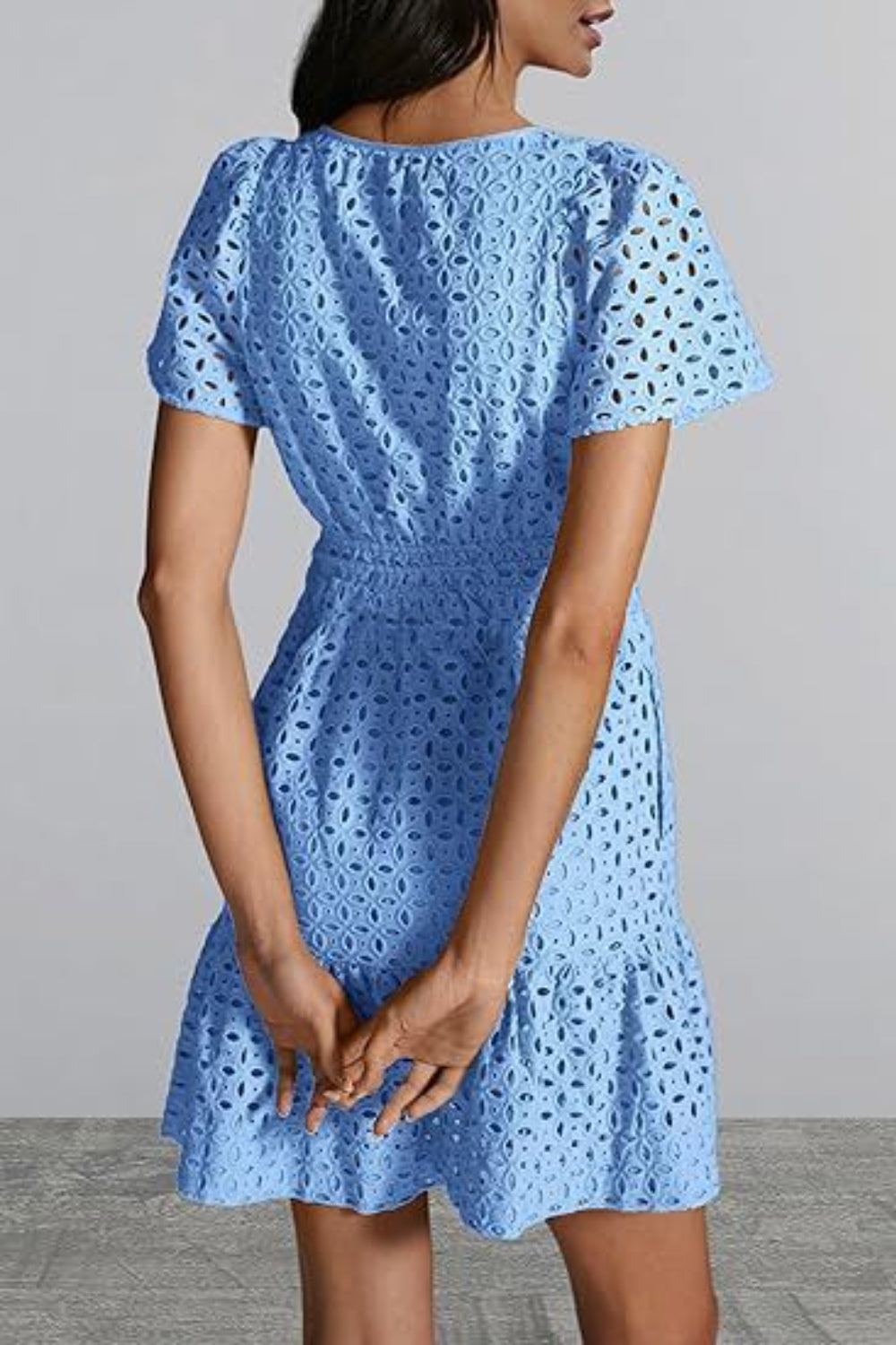 Eyelet Notched Short Sleeve Mini Dress