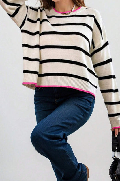 Striped Round Neck Drop Shoulder Sweater