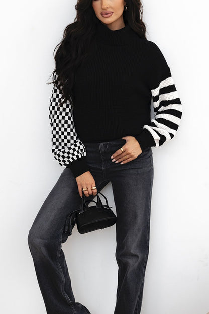 Striped & Checkered Turtleneck Dropped Shoulder Sweater